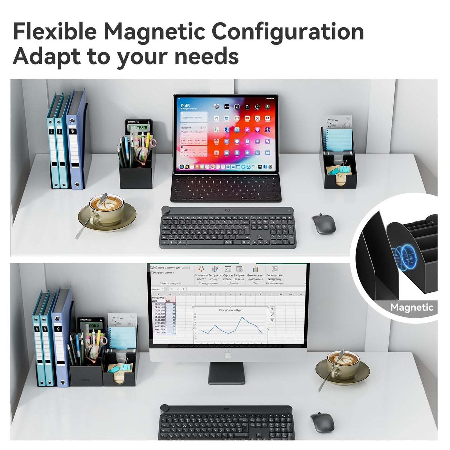 KONDOUND Magnetic Desk Organizer Set - Multifunctional PU Leather Desktop Storage with File Holder, 5-Tier Storage Box, Card and Sticky Note Slots, Office Supplies Accessories for Desk & Workspace