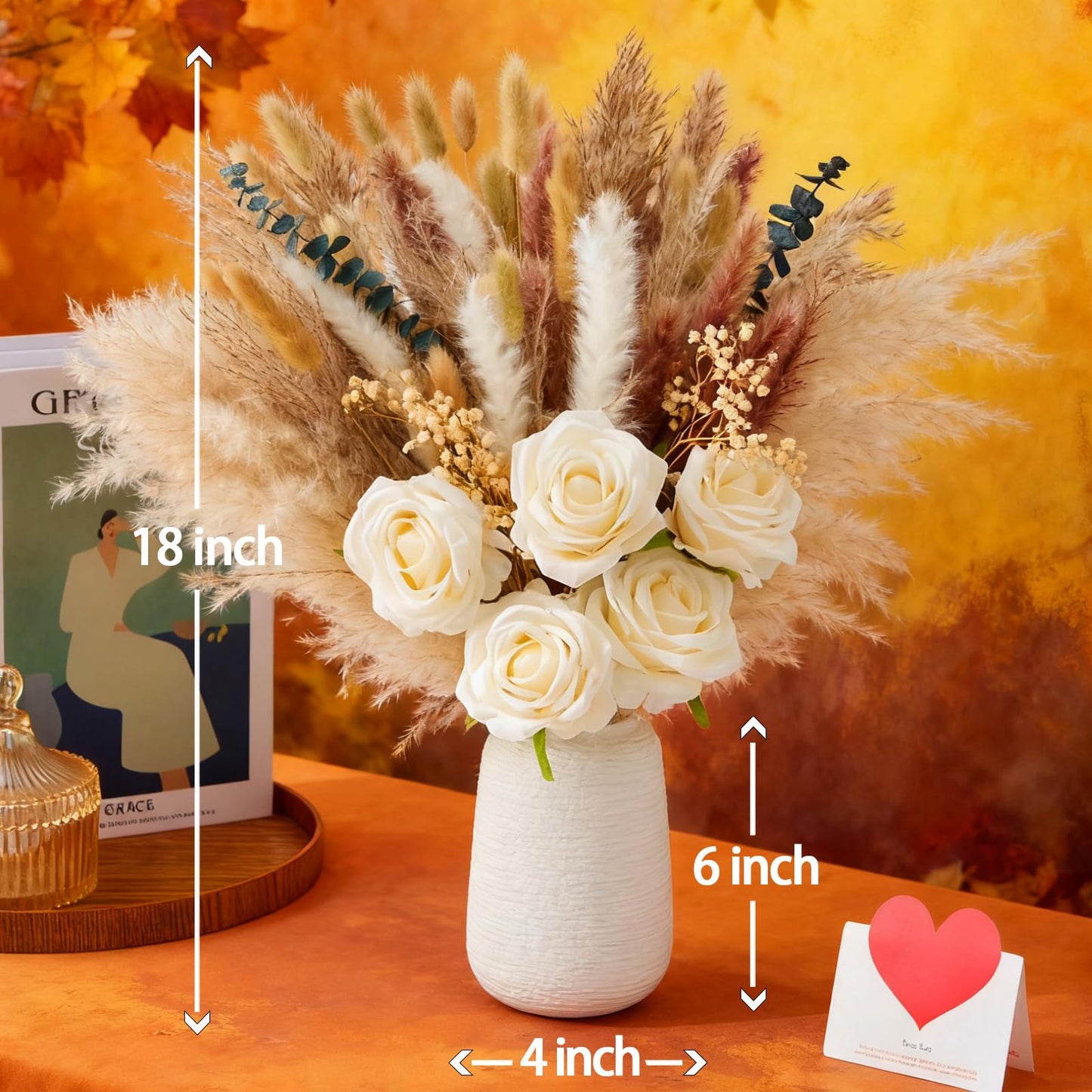 100pcs Dried Pampas Grass with Vase, Includes Artificial Silk Roses, Boho Natural Dried Flowers for Coffee Table Dining Room Home Decor Centerpiece, Farmhouse Rustic Floral Decoration for Living Room