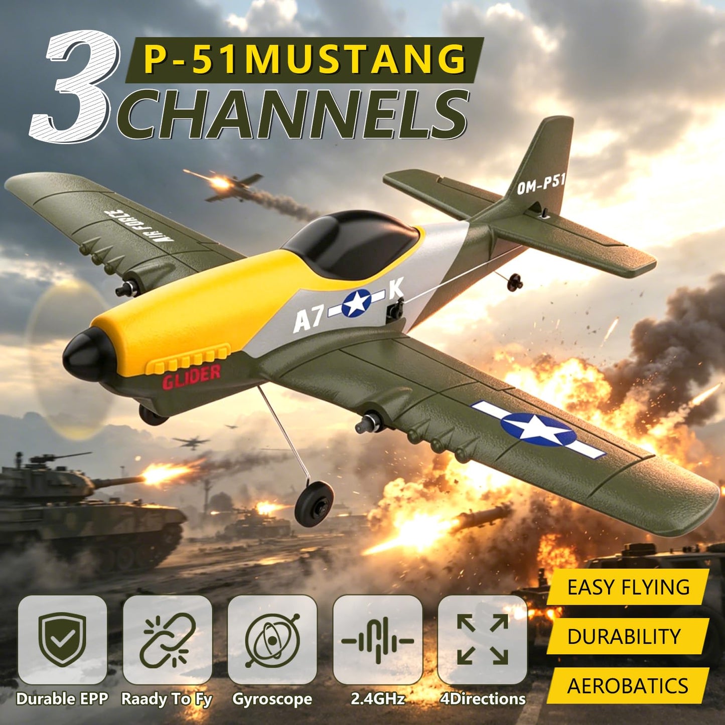 OMNANGO RC Plane，3 Channel RC Jet Plane with 2.4GHz Remote Control 6-Axis Gyro Drone for Kids 8-12 & Adults, Beginner-Friendly Outdoor Remote Control Airplane, Rechargeable Battery, Easy to Fly