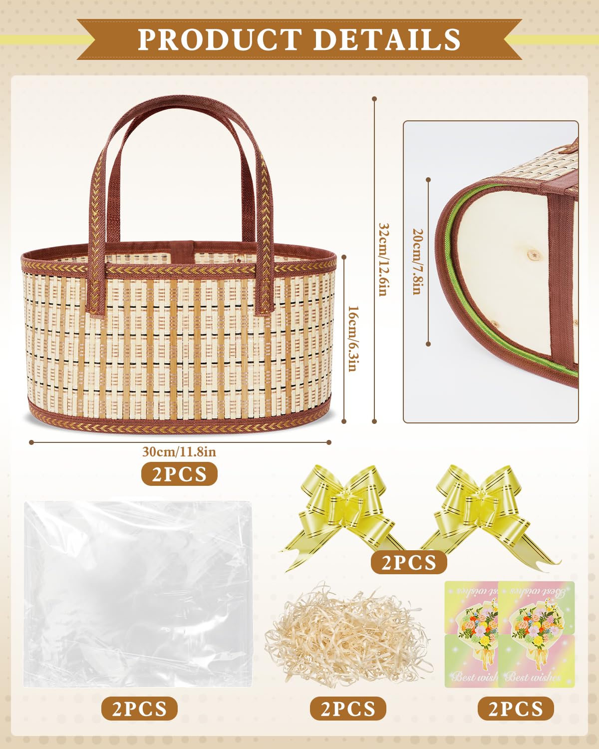 2 Set Baskets for Gifts Empty, Woven Bamboo Gift Basket Kit with Handles, Foldable Empty Gift Baskets to Fill with Wrap Bags, Pull Bows, Cards & Raffia for Baby Baptisms, Father's Day, Housewarming