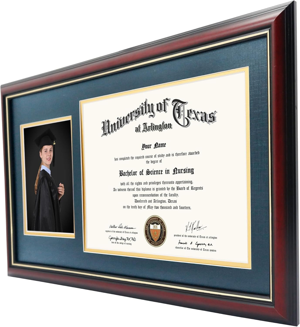 GraduationMall 11x19 Cherry Diploma and Photo Frame for 8.5x11 Certificate,5x7 Picture,Tempered Glass,Navy Blue over Gold Double Mat