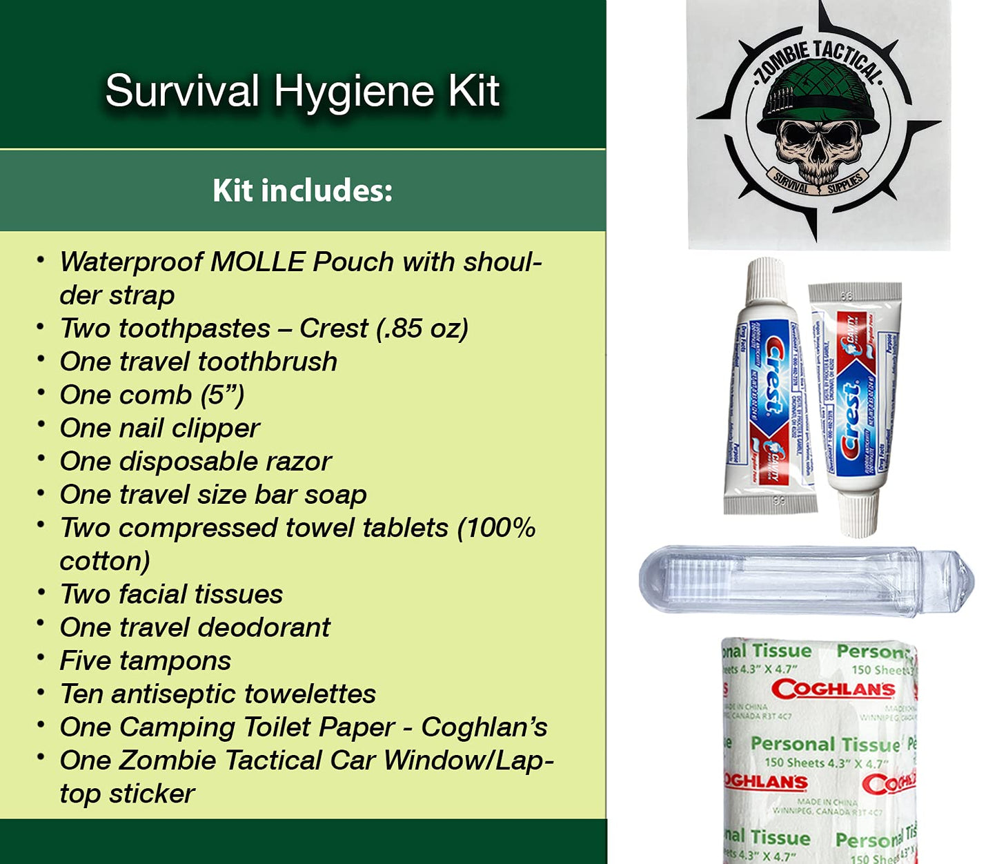 Premium Survival Hygiene Kit – Camping Hygiene Supplies – 72 Hour Kit – MOLLE Pouch – Emergencies, Bug Out Bags, Hurricanes – Disaster Preparedness Hygiene Kit – Car Window/Laptop Sticker Included