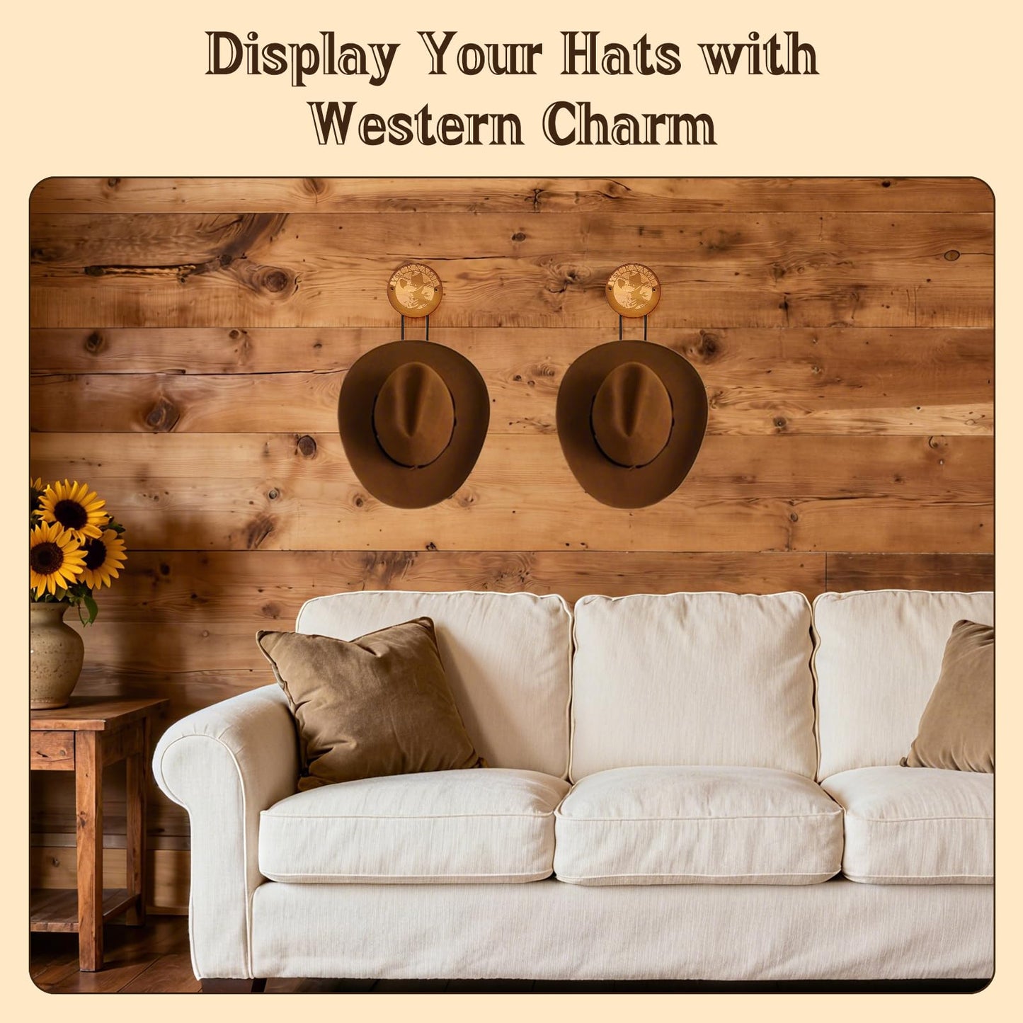 Qiannhee Cowboy Hat Rack Holder for Wall, 2 Pack Hat Rack for Wall, Wooden Western Rustic Metal Hat Holder for Cowboy Hats, Caps, and Sunhats, Ideal for Western Decor(Brown)