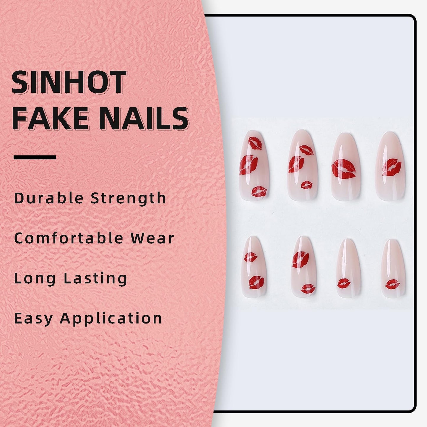 SINHOT Press on Nails - Medium Almond Fake Nails, Glossy Finish, Red Lips & Pink Gradient, DIY Artificial False Nail Art - 24 Pcs Nail Kit with Glue