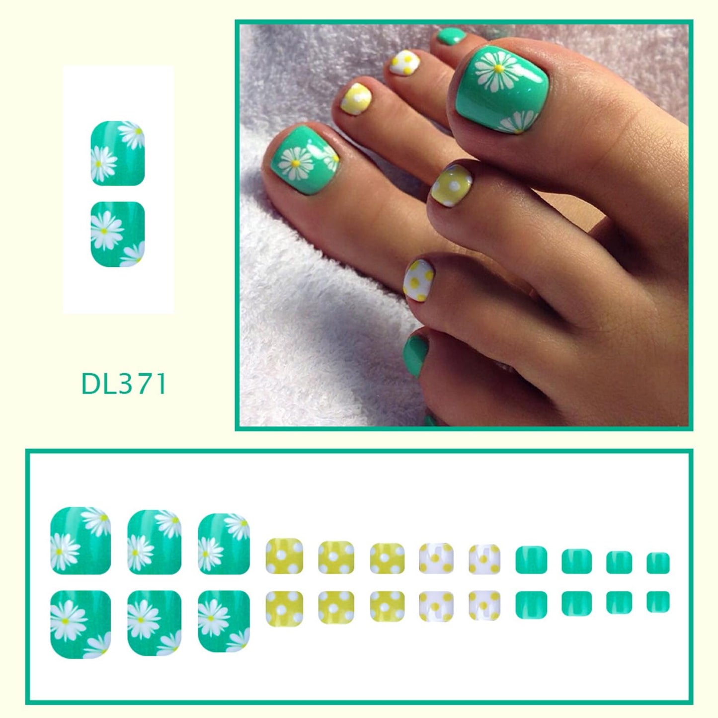 Spring Summer Press on Toenails Short Square Fake Toenails with Daisy Polka Dot Designs Yellow Green Toe Nail Press ons Reusable Acrylic Stick on Toe Nails for Women Manicure 24Pcs