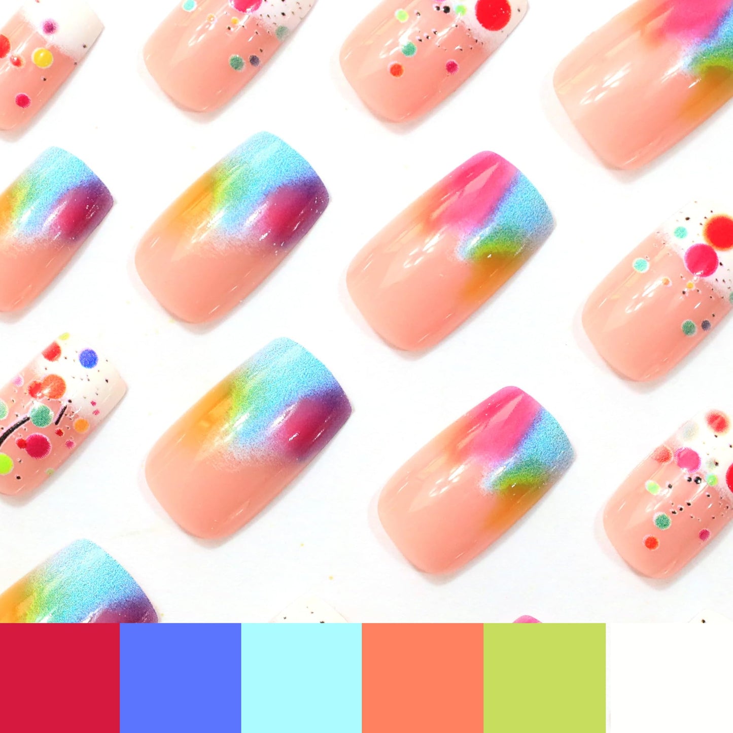 Ombre Press on Nails Medium Square Fake Nails with Colorful Polka Dots Design Acrylic False Nail Glossy Full Cover Stick on Nail Reusable Artificial Summer Nails for Women Manicure 24Pcs