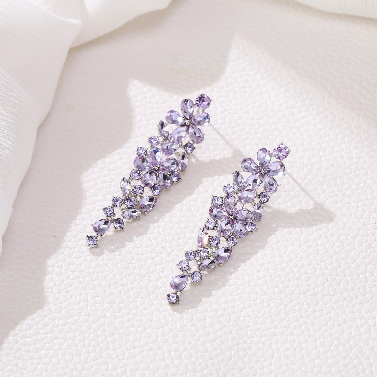 EleQueen Wedding Dangle Earrings, Elegant Floral Crystal Jewelry for Bride Bridesmaid Light Purple Silver-Tone