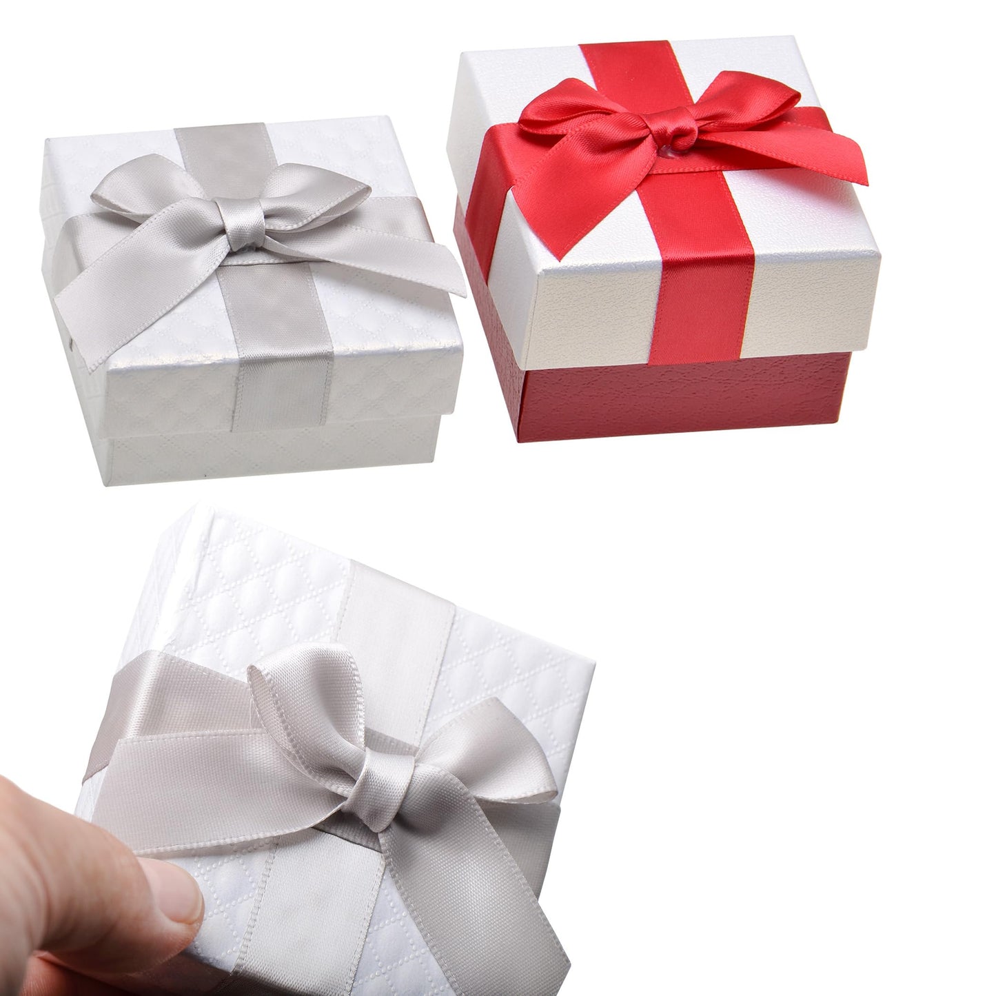 Paialco 2.5" Small Jewelry Gift Box Knotted Ribbon and Foam Filled, Silver White