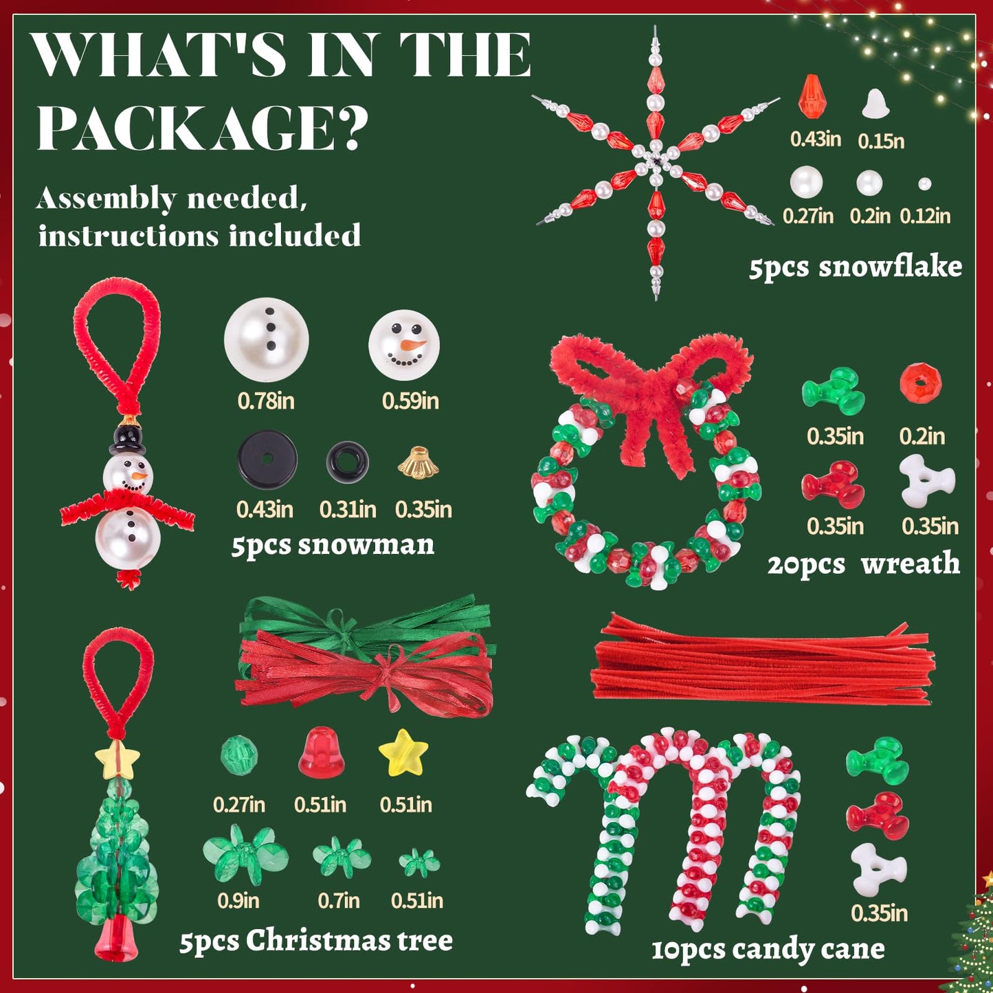NLUS Christmas Crafts for Kids Adults, 45 Pcs Christmas Beaded Ornament Kits Holiday Crafts - Including Snowman/Christmas Tree/Wreath/Candy Cane/Snowflake (Assembly Required)