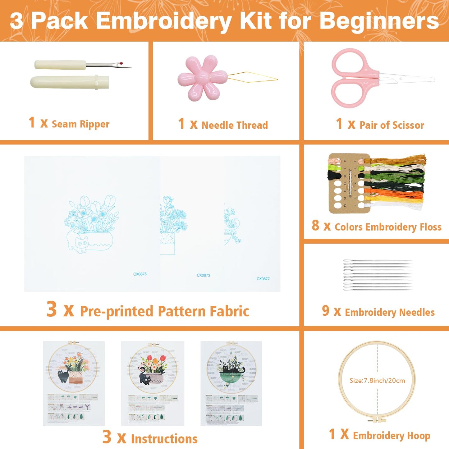 RidaaFri Embroidery Kit for Beginners, Set of 3 Stamped DIY Kits with Cat, Floral, Plant Patterns for Adults, Includes Hoop, Needles, Floss, Step-by-Step Video Tutorial, Complete Sewing Craft Supplies