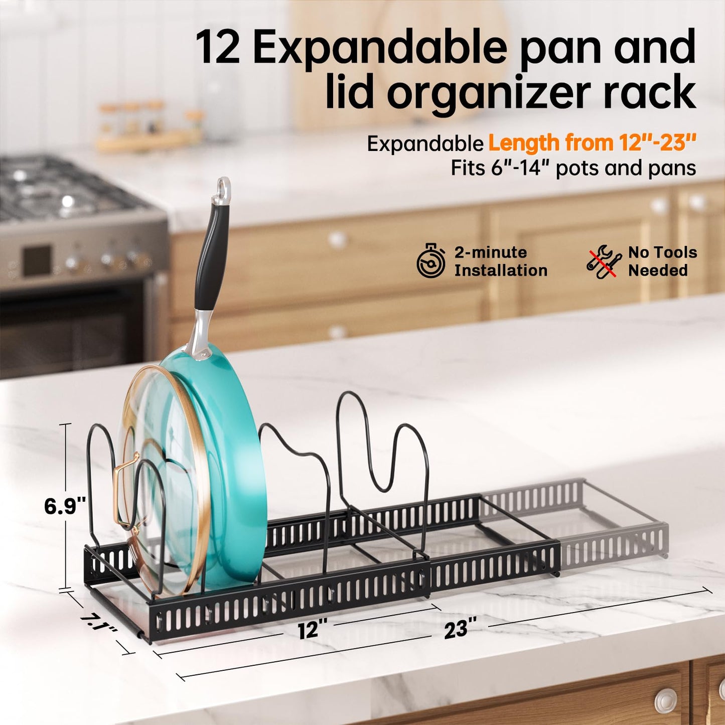 MUDEELA Expandable Pots and Pans Organizer Rack under Cabinet, Pots Lid Organizer Rack for Kitchen Cabinet Organizers and Storage with 12 Adjustable Dividers Cutting Board Holder & Anti-Scratch Strips