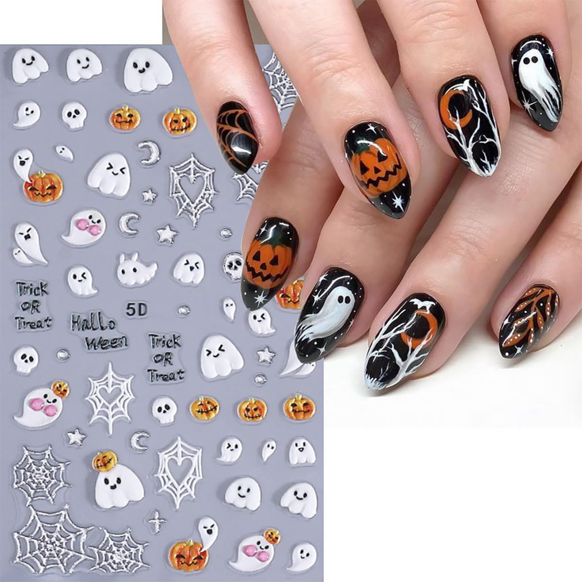 3 Sheets Halloween 5d Embossed Cute Ghost Nail Art Stickers Self Adhesive Pumpkin Spider Web Nail Decals Exquisite Star Moon Nail Design Stickers Holiday Nail Art Supplies for Women Decorations Tips