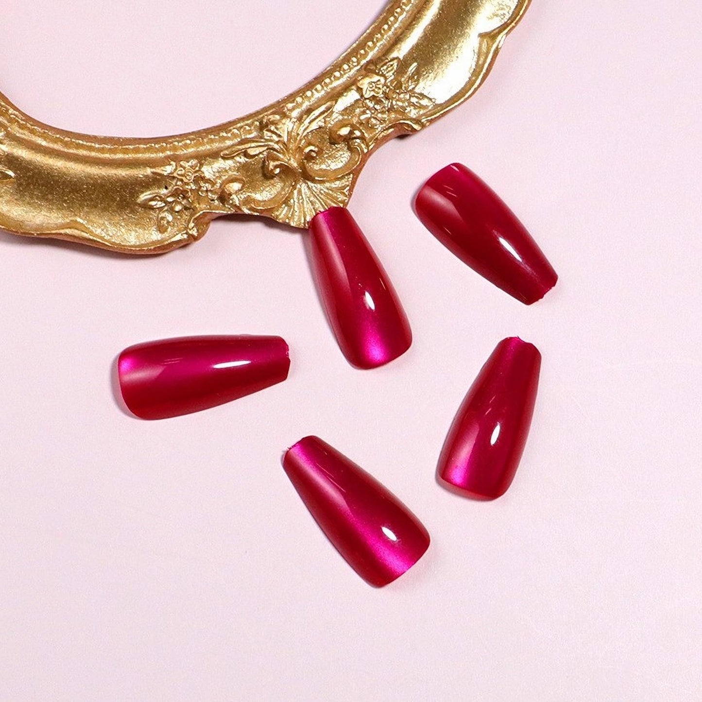 MISUD Press on Nails - Long Coffin Fake Nails with Summer Hot Pink Cat Eye, Acrylic Bling Glitter Design 24 pcs