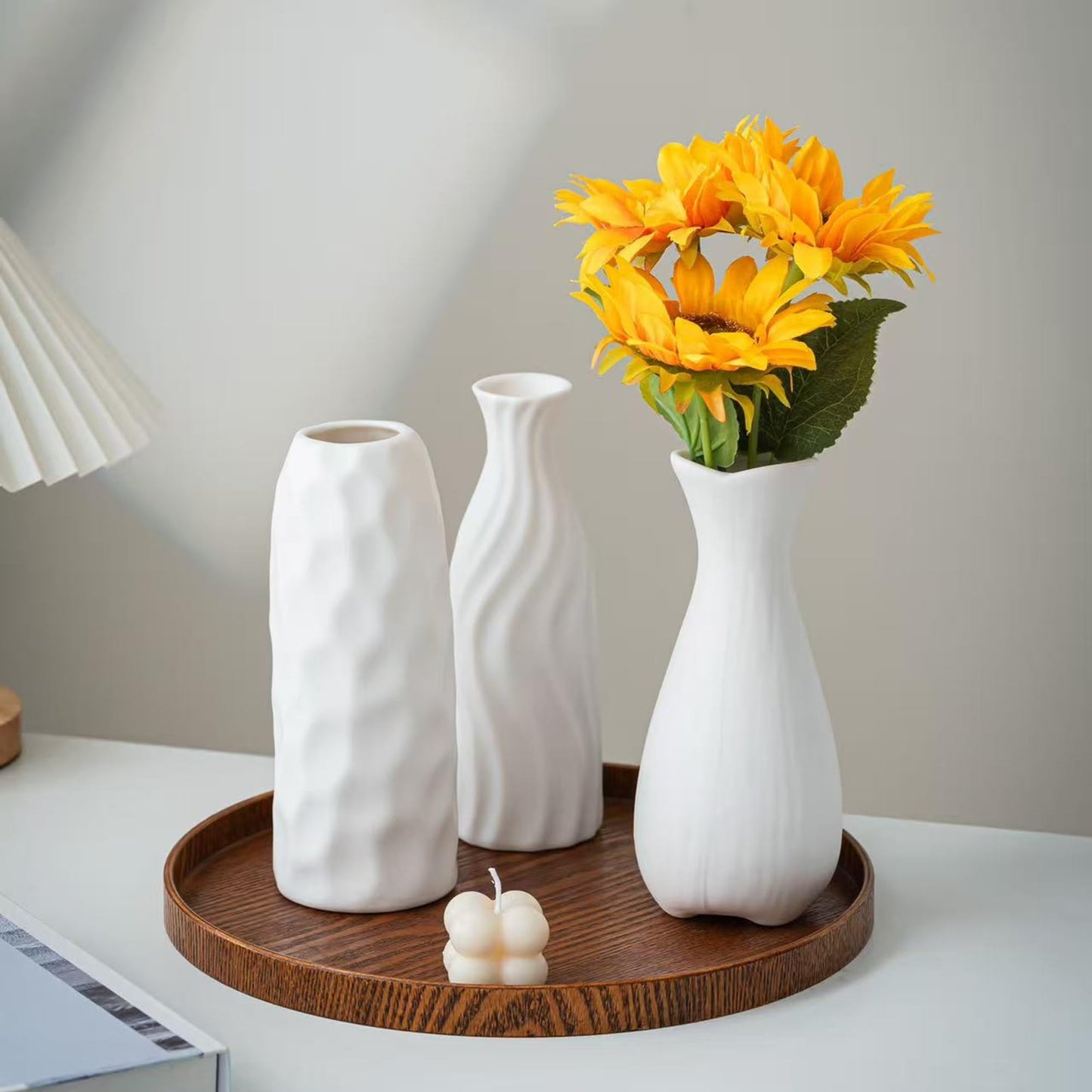 JKT Home White Ceramic Vase Set Home Decor – Farmhouse & Boho Decorative Vase Set for Kitchen, Living Room, Bedroom, Office, Bookshelf Decor, Bathroom, Centerpiece Table Decor