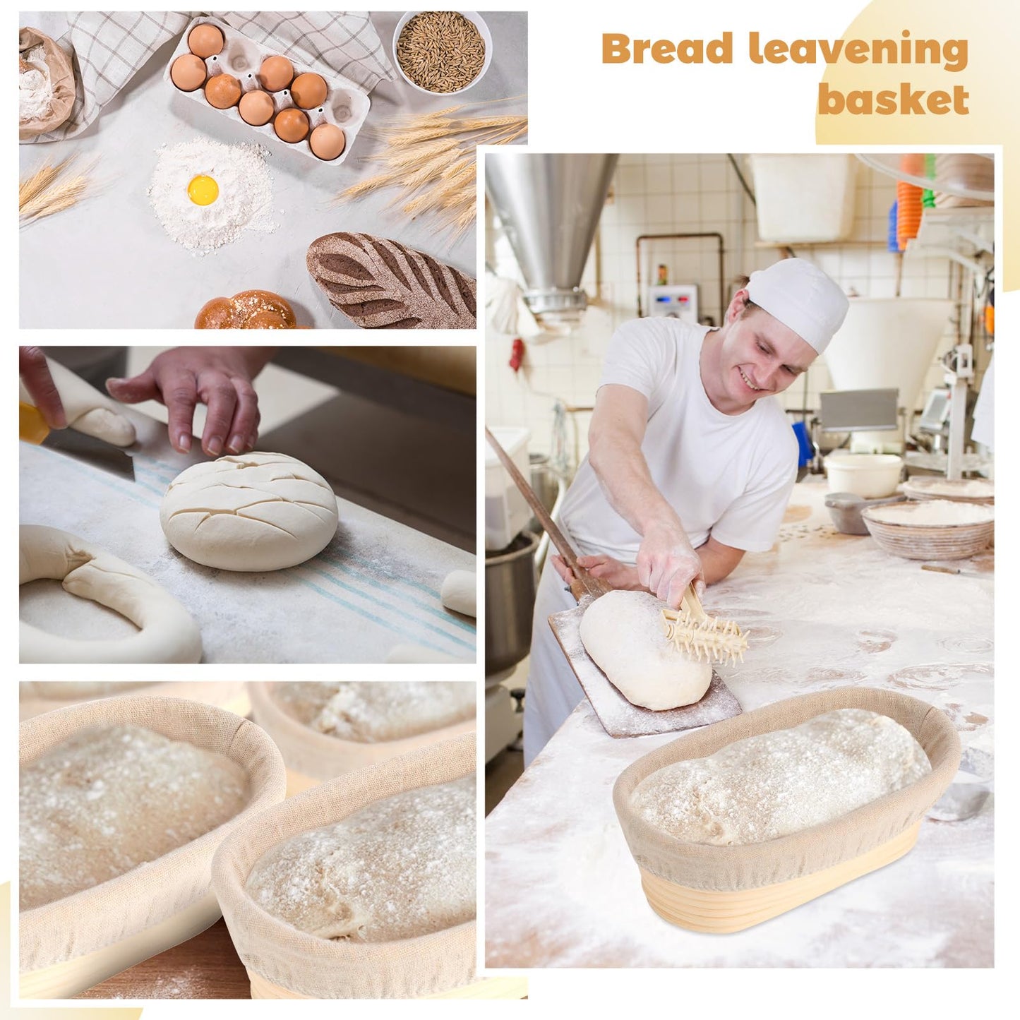 Gejoy 12 Set Bread Proofing Baskets Oval Shaped Banneton Dough Proofing Bowls Kit with Cloth Liner and Plastic Scraper Sourdough Proofing Basket for Home Sourdough Bakers Supplies (10 Inch)