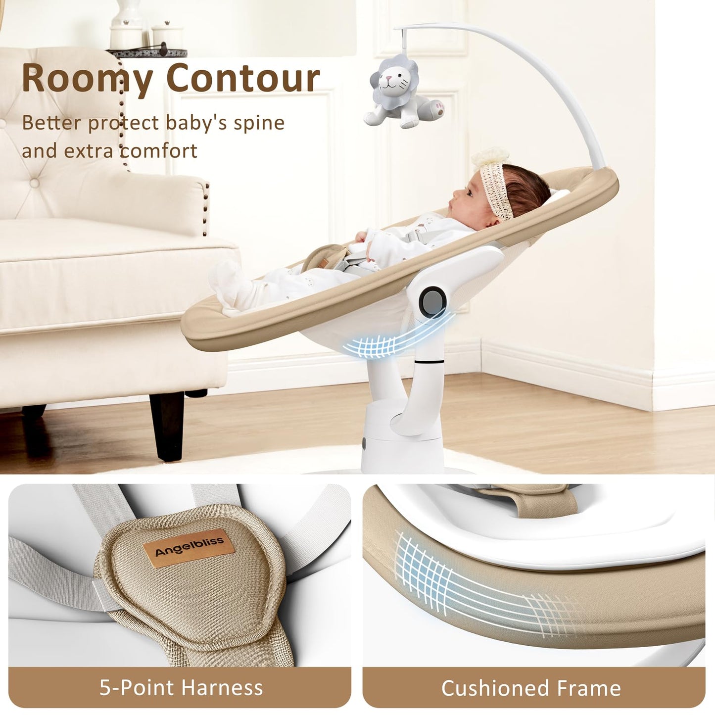 Angelbliss Baby Swing with Custom Motion, 3D-Motion Electric Swing with 6 Unique Motions & 4-Speeds, Bluetooth Enabled, 13 Preset Lullabies (Beige)