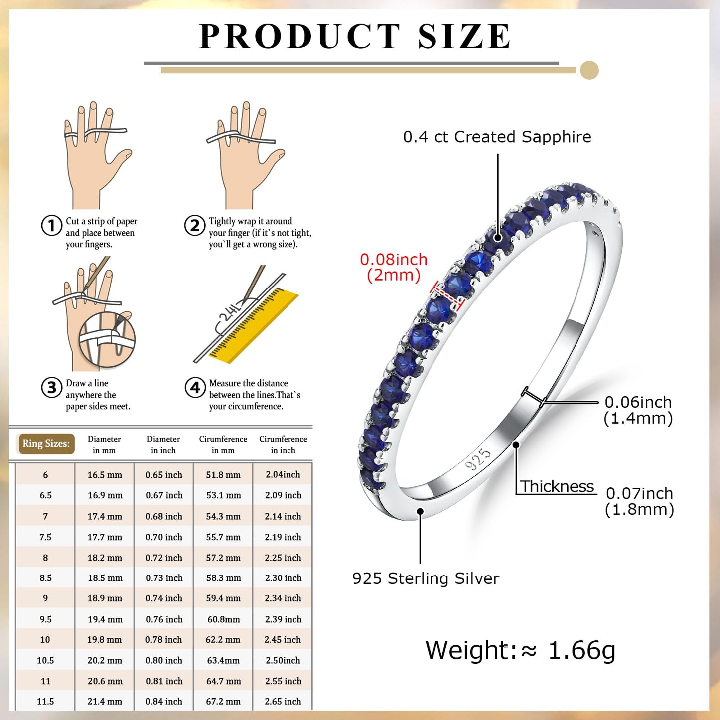 AGRULE 0.4 Cttw Sapphire Rings for Women Men Classic Silver Wedding Band with Gemstone Sterling Silver Half Eternity Band Rings Blue Stone Saphire Ring, Size 7