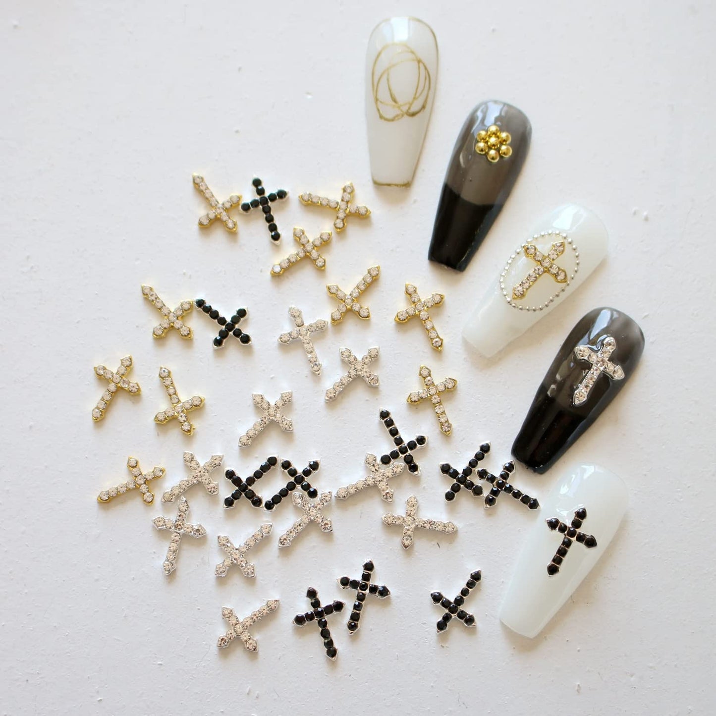 30PCS Nail Art 3-Color Mixed Metal Cross with Rhinestone Shapes DIY Craft Deco 3D Metal Charms 10331