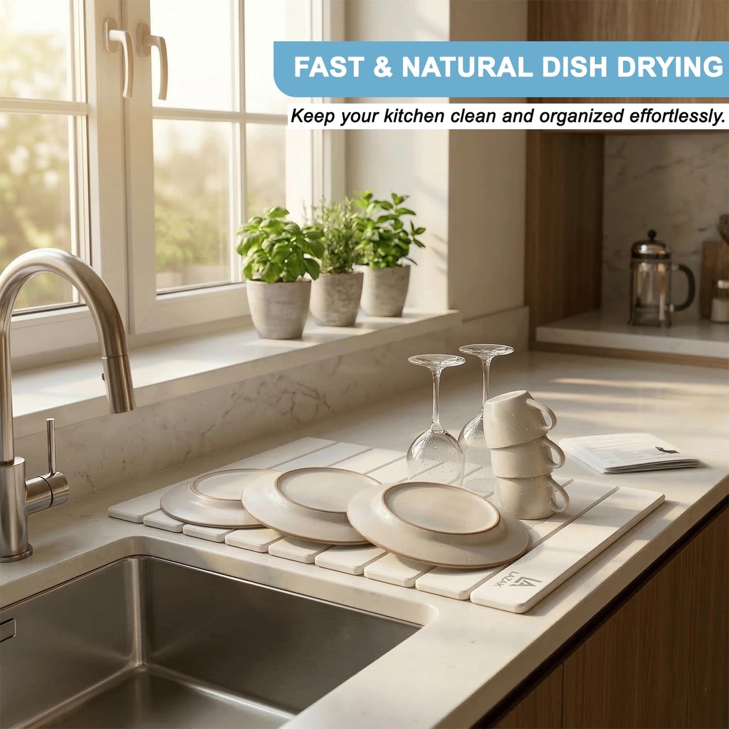Foldable Diatomite Stone Drying Mat for Kitchen Counter, Fast Drying Dish Drying Mat, Stone Dish Drying Mat, Dish Mat Drying Kitchen Mat, Kitchen Drying Mat with 3 Silicone Dishwashing Brushes