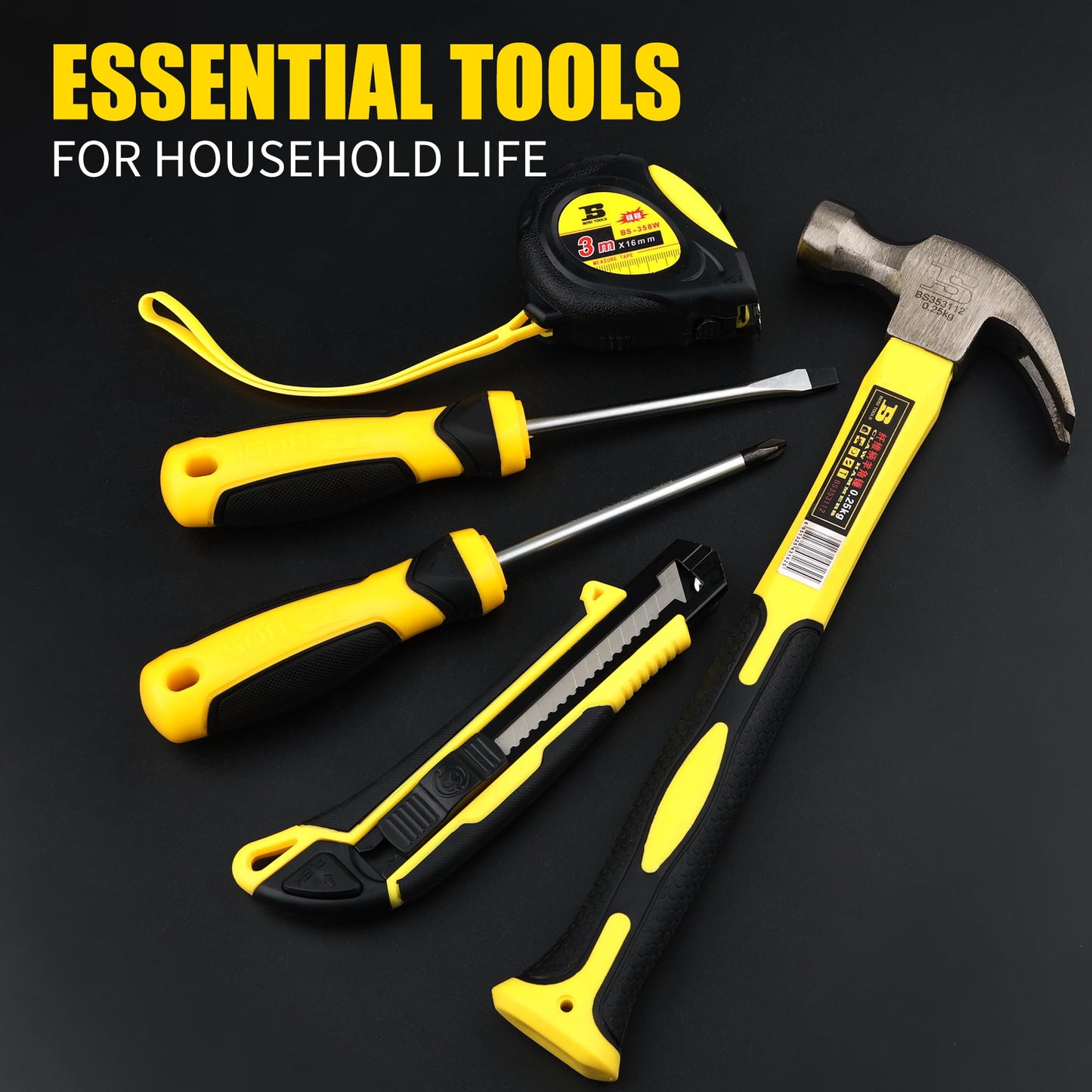 B BOSI TOOLS 142 PCS Tool Set, Home Repairing Tool Kit with 13-Inch Wide Mouth Open Storage Tool Bag, Portable Home Tool Kit Including Hammer, Screwdriver, and Household Tools