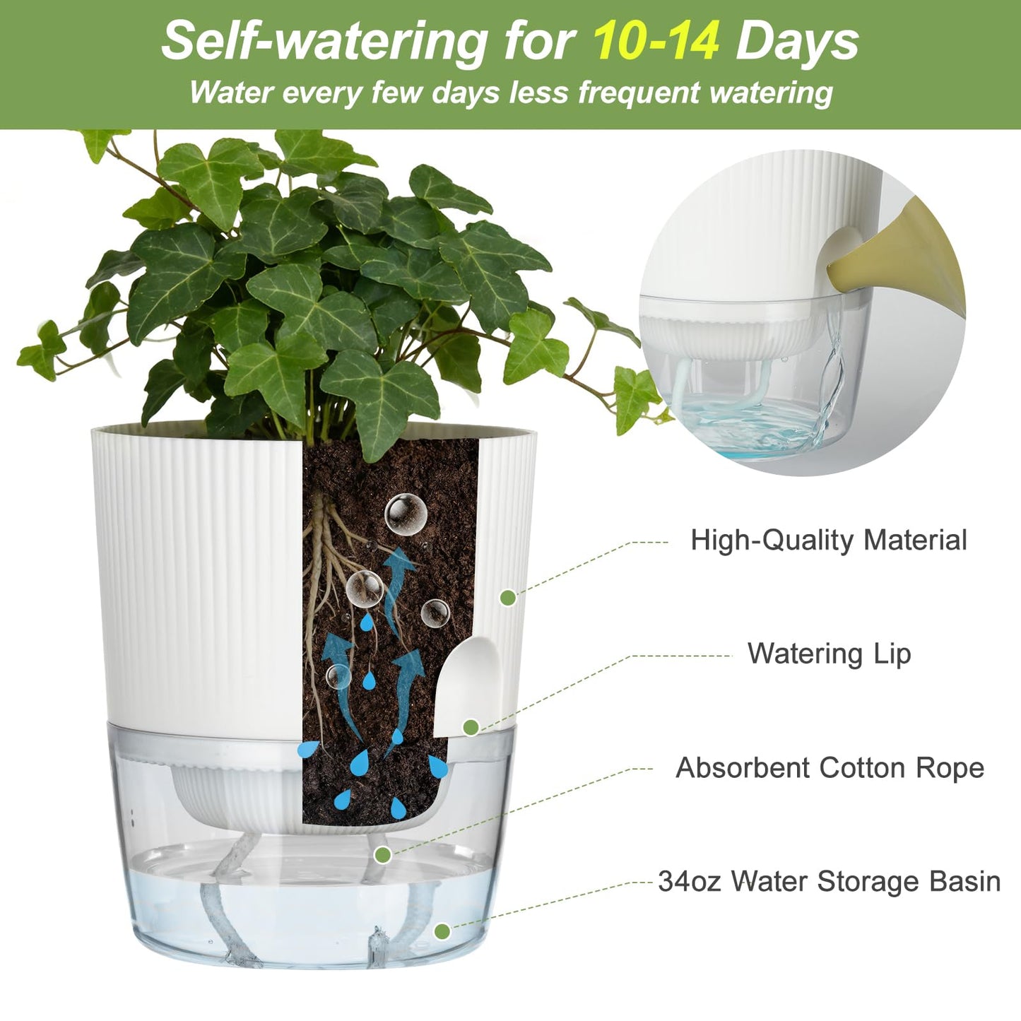 Samhe Plant Pots, 4 Pack 5.7 Inch Self Watering Pots for Indoor Plants, Flower Pots with Deep Reservoir and Drainage Holes - White