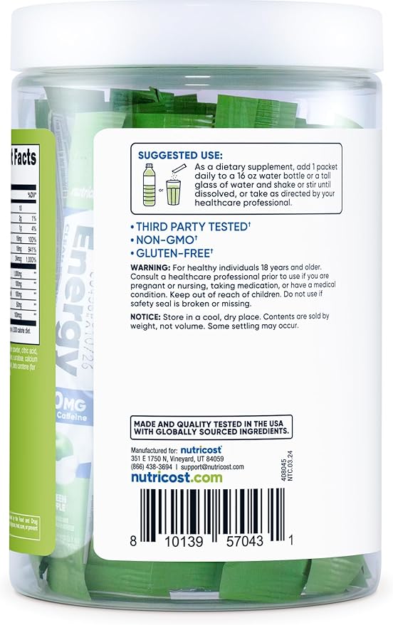 Nutricost Energy Complex Stickpack (20 Servings) Green Apple Flavored - Gluten-Free + Non-GMO