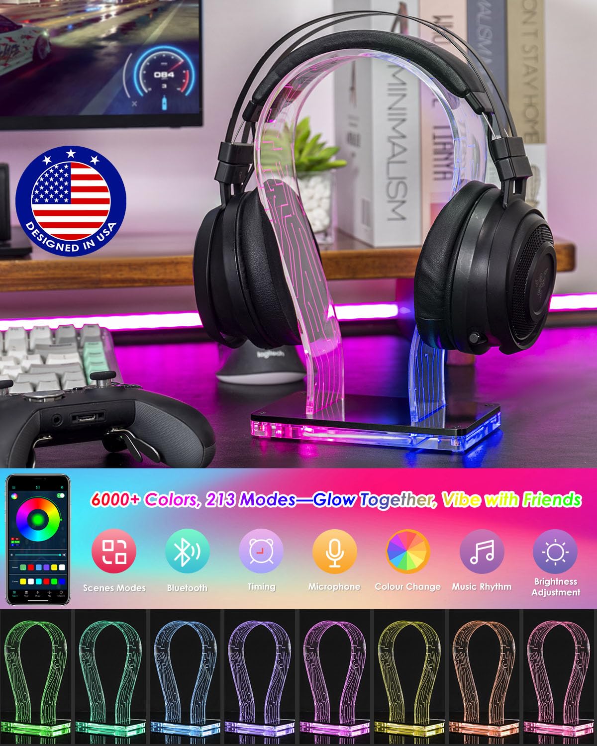 OAPRIRE Acrylic RGB Headphone Stand | Customizable 213 Lighting Modes & 60,000 Colors, Lights Sync with Music Beat, Headset Stand with 4.8ft USB Power Cable & Sturdy Build