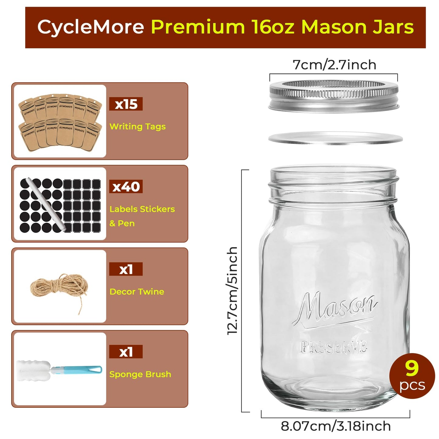 CycleMore 9 Pack 16 oz Mason Jars with Airtight Lids - Embossed Pint Glass Canning Jars for Pickling, Food Storage, Wedding Favors & DIY Crafts - Regular Mouth Design with Labels & Jute String
