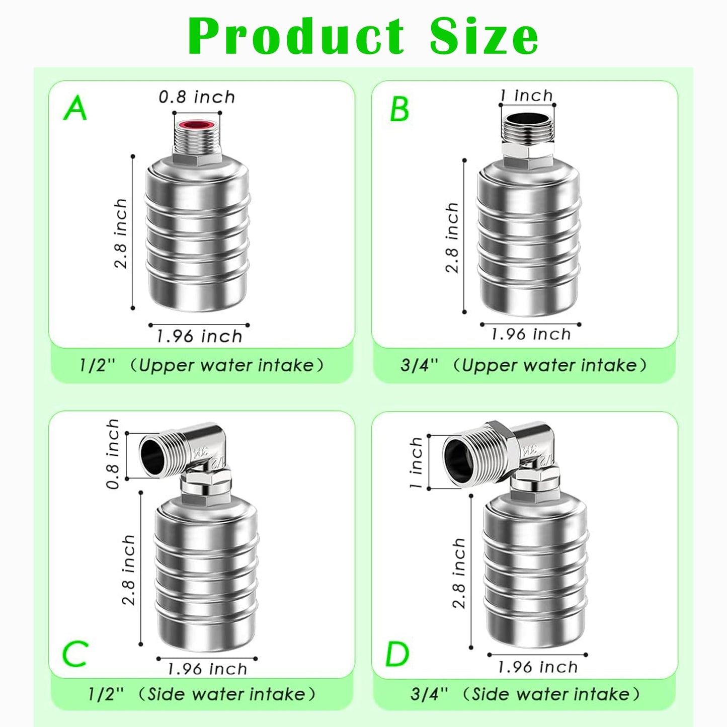 Auto Water Level Control Float Valve 1/2" 3/4" - 304 Stainless Steel, No Pump Needed for Water Tanks, Fish Ponds, Livestock Troughs, Hydroponics, Pool(2 Pack Short)