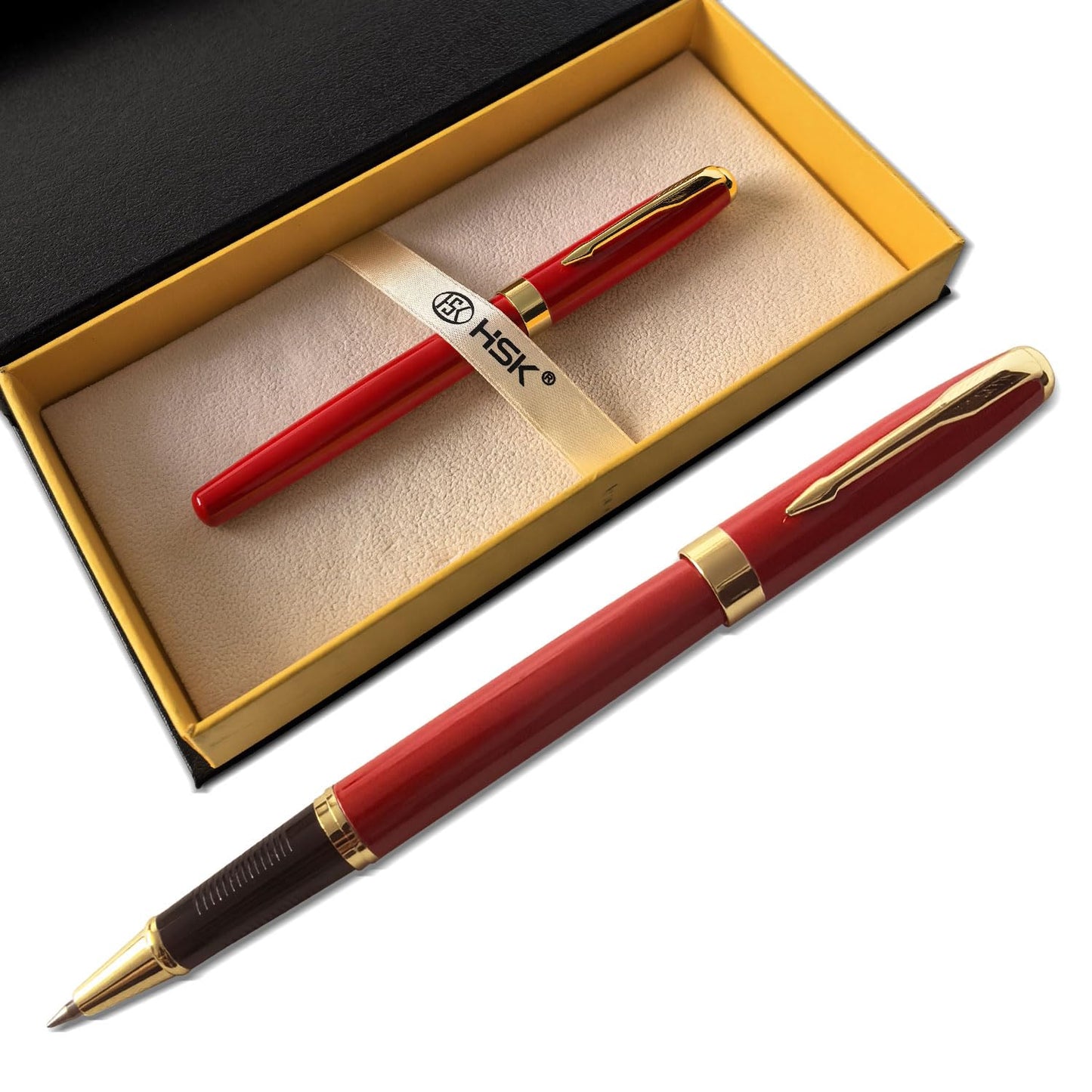 HSK Ballpoint Pens Executive Fountain Pen with Gold Trim, Gift Box Set, Available in Black, Red, Navy Blue,Black Refill Line width 0.5mm (Red)