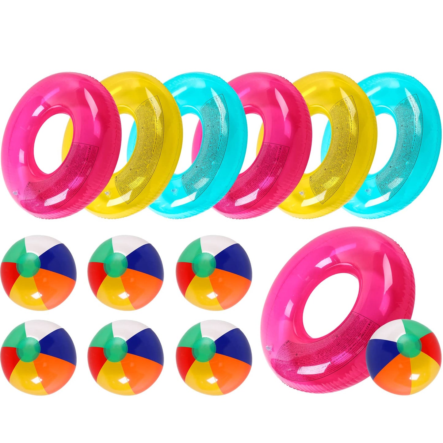 12 Sets Beach Floats, Including 6 Pcs Inflatable Pool Tube for Adults Swimming Rings 6 Pcs 12'' Beach Inflatable Balls for Vacation Beach Decorations Summer Activity Party