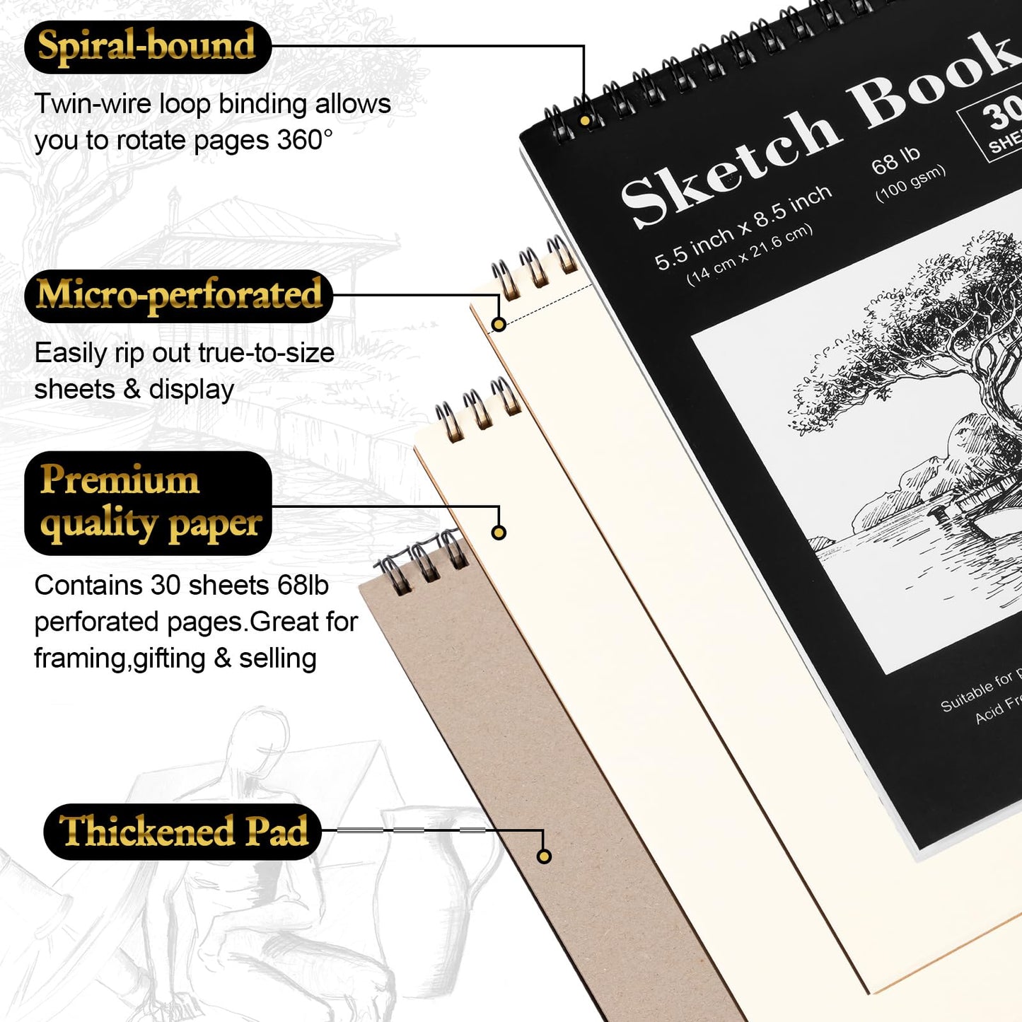 Humyoun 24 Pcs Top Spiral Bound Sketch Pad with Drawing Pencils Set, 5.5 x 8.5 Inch Sketchbook, 68lb(100gsm) Thick Paper, Charcoal & Graphite Pencils (12B-4H) for Shading, Artists & Beginners