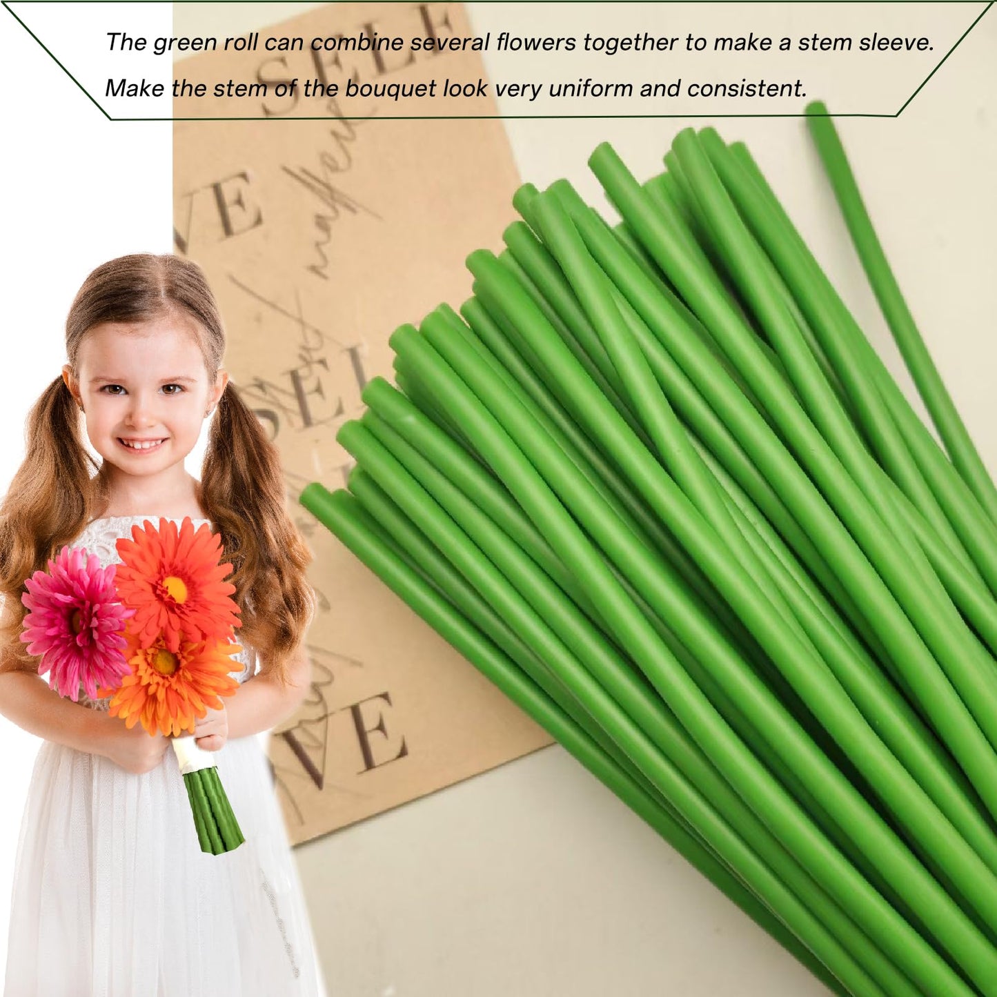 Green tubular flower stems wrap, used to thicken artificial flower stems, DIY wedding bouquet (Green 5MM（100PCS）)