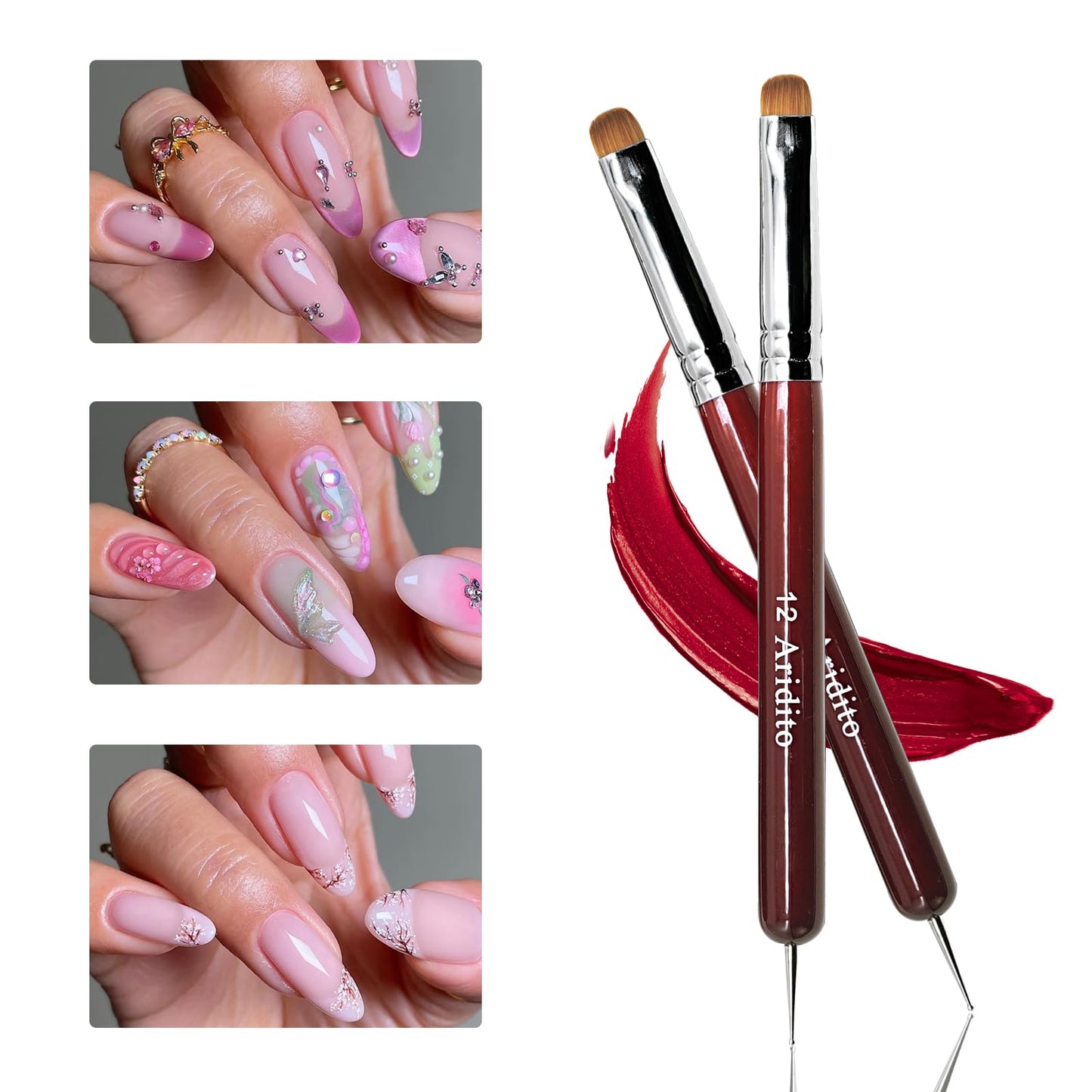 Aridito 4Pcs Professional Acrylic French Manicure Clean-Up Brushes & Dotting Pens - Red Wood Handles, Precision Tips (#10#12#14#16) for Nail Art, Cuticle Care