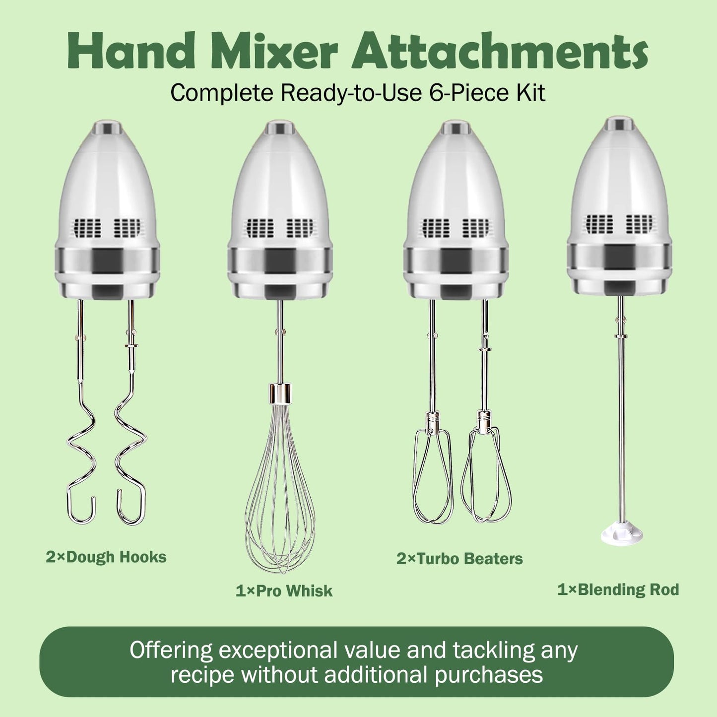 Hand Mixer Attachments, 6 Pcs Stainless Steel Set Turbo Beater, Pro Whisk, Dough Hooks & Blending Rod | Compatible with KitchenAid KHM3, KHM5, KHM7, KHM9, KHM512, KHM926 Series Hand Mixers