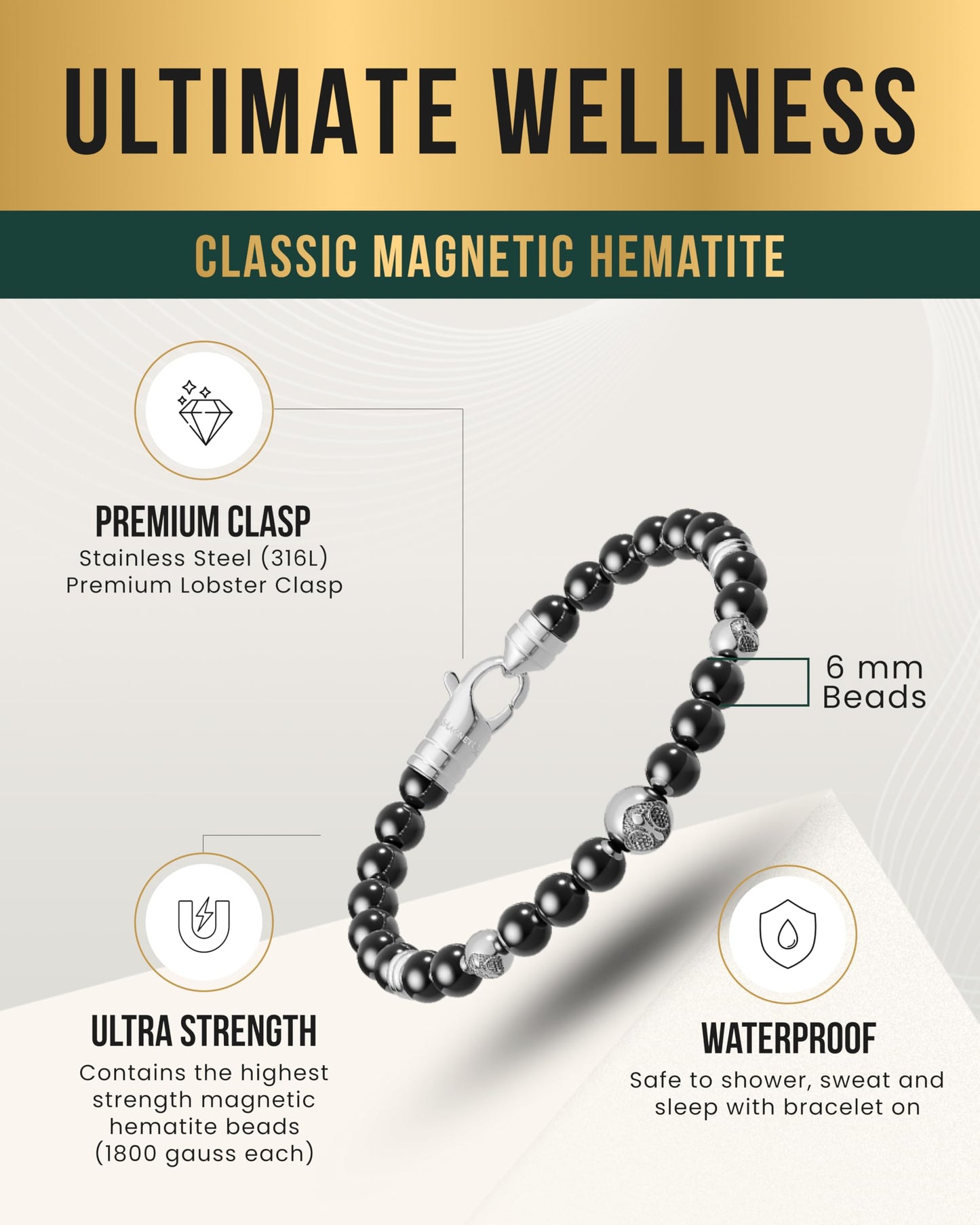 MagnetRX® Hematite Magnetic Bracelet – Max Strength Magnet Stones with Stainless Steel Charms – Elegant Magnetic Hematite Beaded Bracelets for Men (Armory | Large)