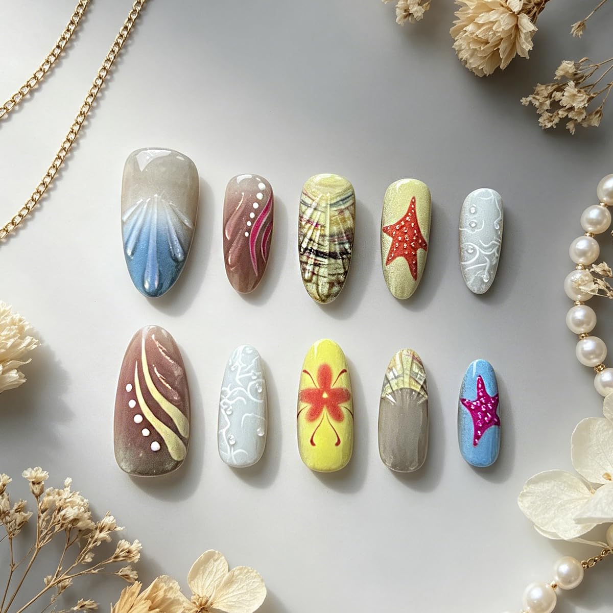 3D Press On Nails Almond Medium Fake Nails with Cat's Eye Embossed Starfish&Lines Summer Beach Designs, Acrylic Artificial Nail Press ons False Stick On Nails for Women Girls 30Pcs