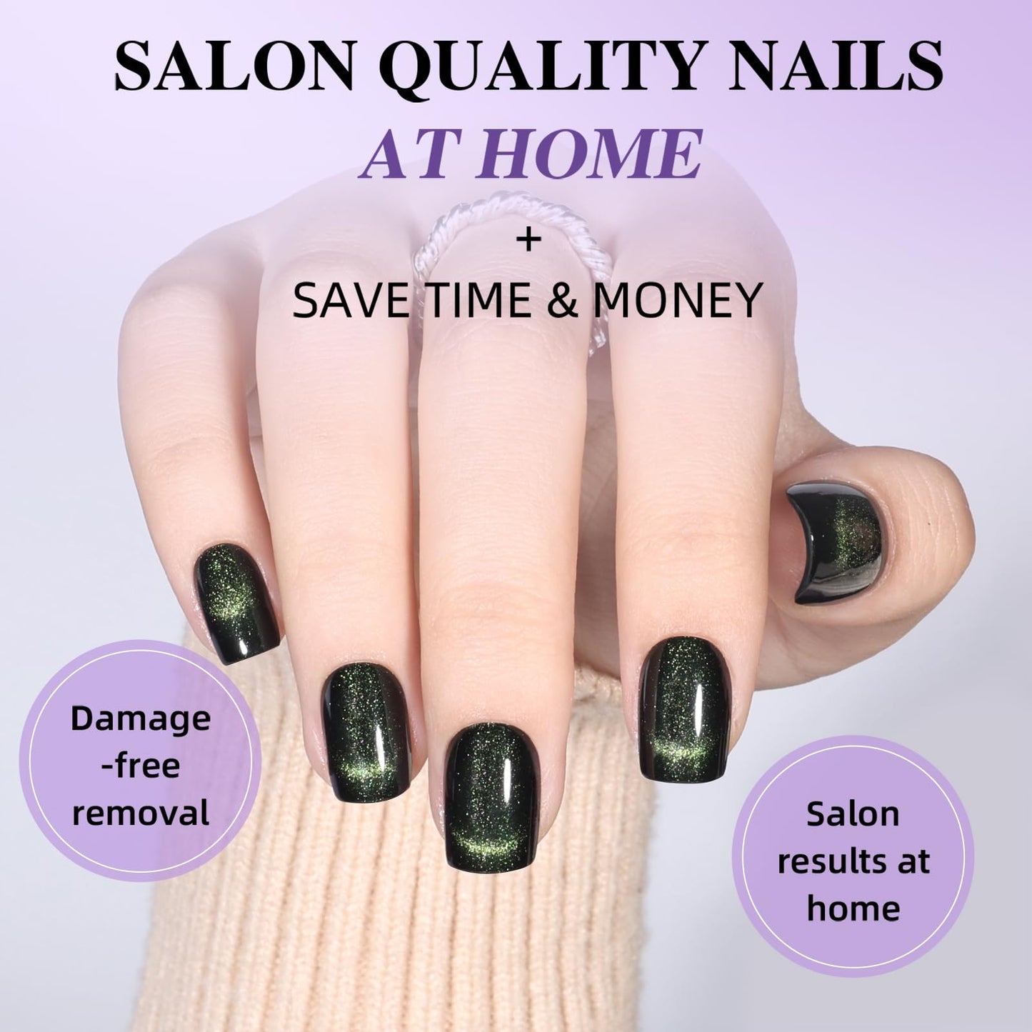 Green Cat Eye Press On Nails - Short Square Magnetic Cat Eye Press On Nails, Reusable Fake Nails Kit with Nail Glue, 30PCS 15 Sizes