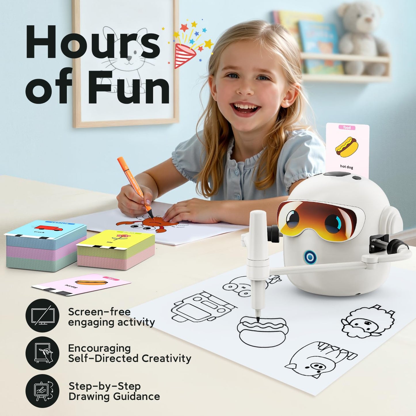 Ytcx.Tech Drawing Robot for Kids, Interactive Montessori Educational Drawing Machine with 100 Cards, Smart Painting Learning Robot Toy for 3 4 5 6 7 8 Year Old Boys Girls Birthday Gift