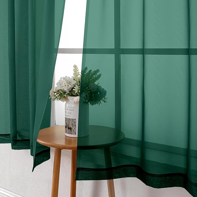 Lecloud Hunter Green Sheer Curtains 90 Inches Long 2 Panels, Airy Voile Solid Curtains, Gauzy Stylish Aesthetic Windows Decor Drapes with Rod Pocket for Bedroom Living Room, Each 42" W x 90" L