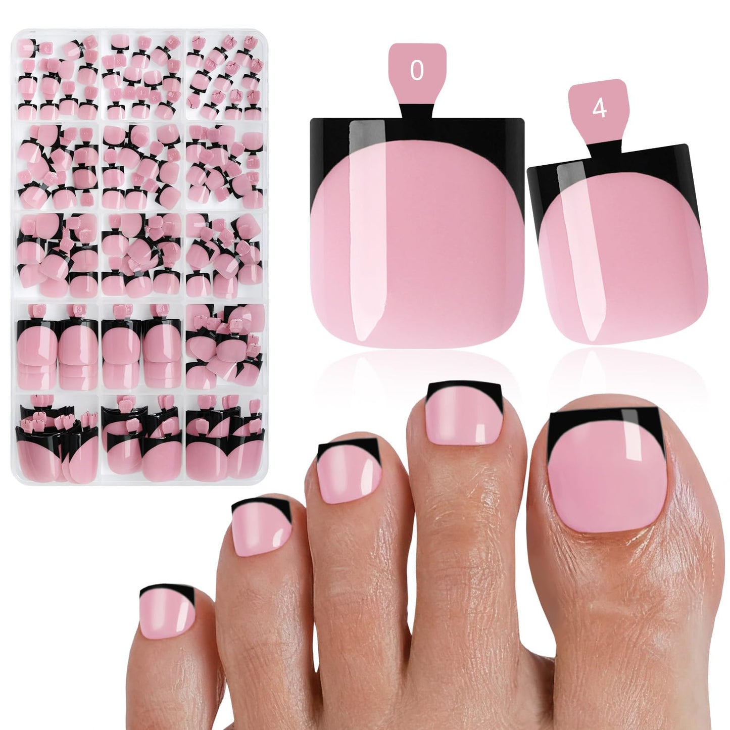 Bellelfin French Press On Toenails For Women with Nail Adhesive Tabs, 150 Pcs Black French Tip Toe Nail Press Ons, Short Square Toenail Press On, 15 Sizes Full Cover Acrylic Fake Toe Nails
