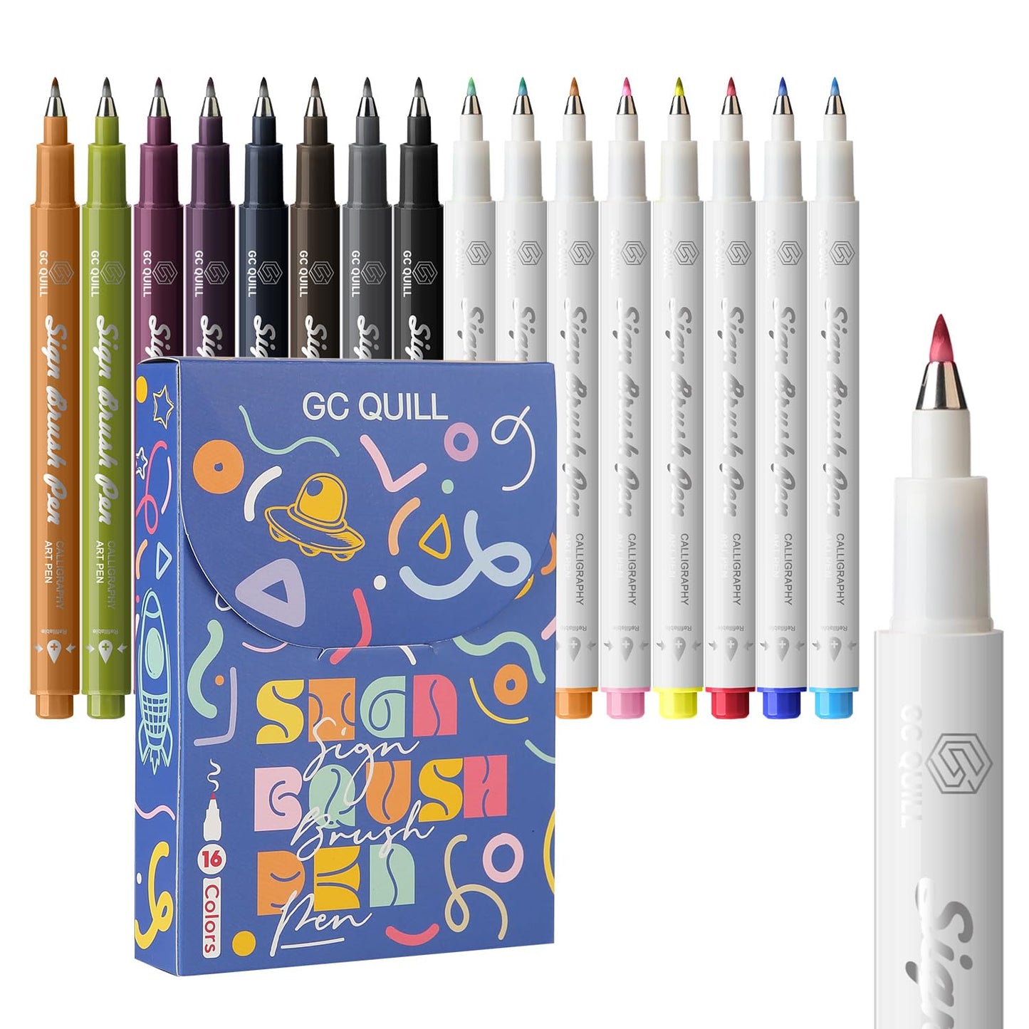 GC QUILL Fudenosuke Brush Pen - 16 Colors Calligraphy Brush Pens for Hand Lettering, Calligraphy, Drawing, Writing, Journaling GC-SB16
