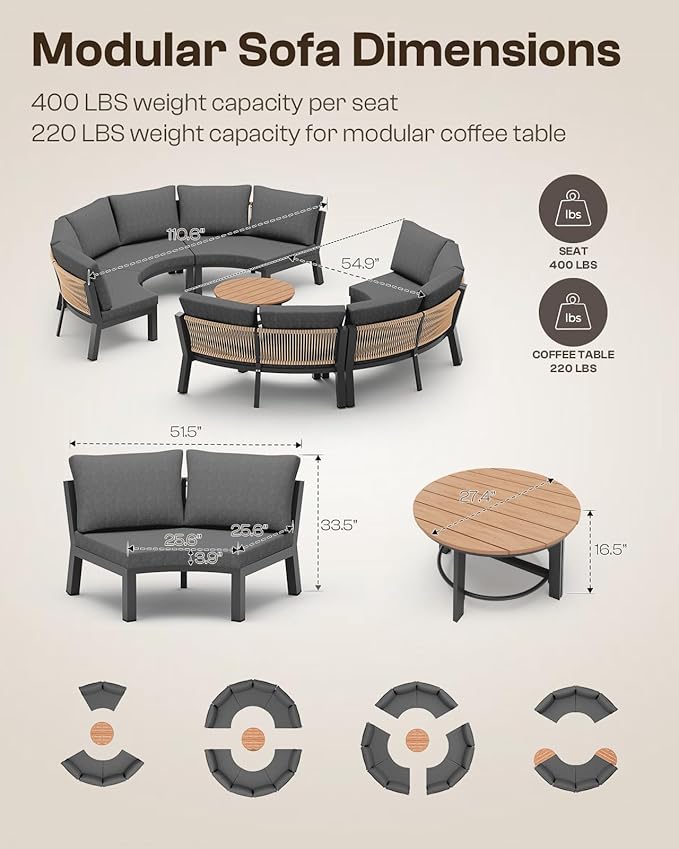 Outdoor Patio Furniture Set, 4 Piece Half-Moon Aluminum Patio Conversation Sets Curved Sofa with PE Rope, All-Weather Outdoor Sectional Sofas with Modular Coffee Table & Cushions, Graphite