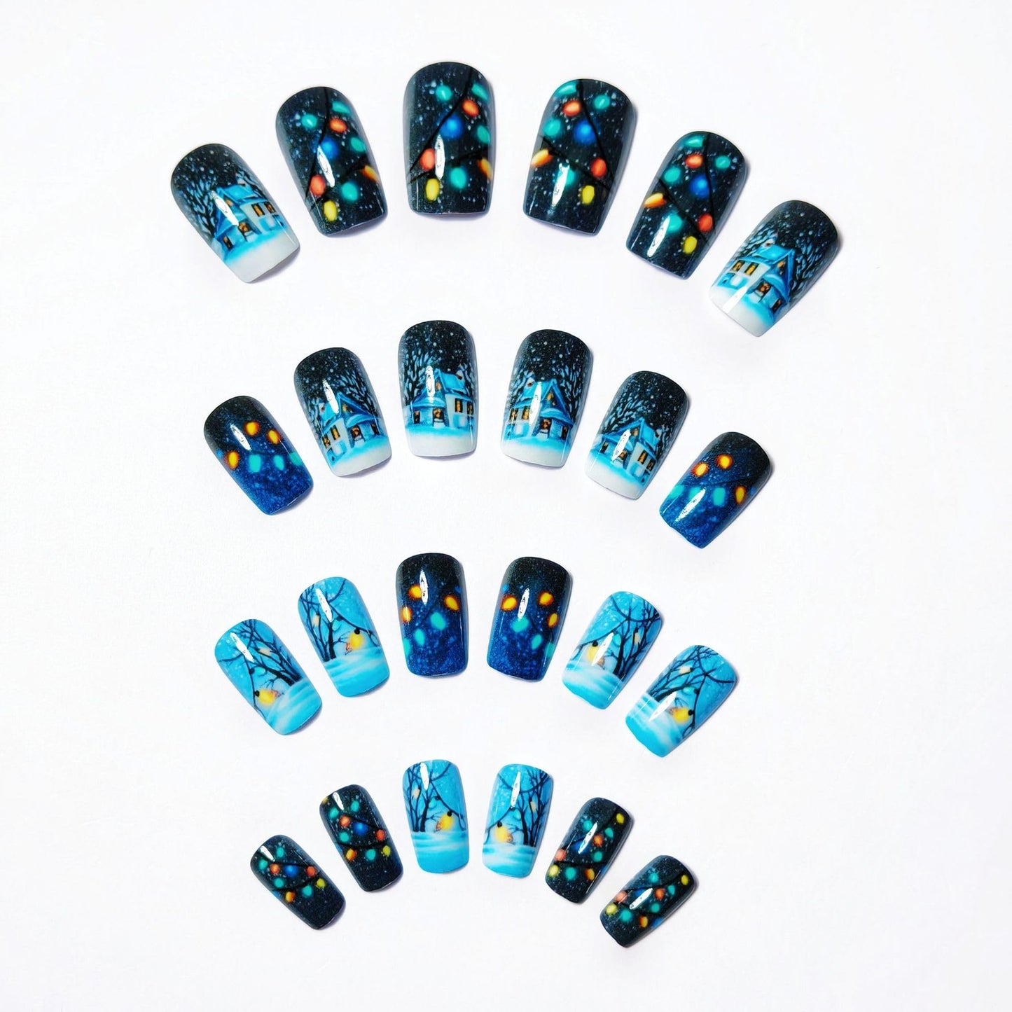 24Pcs Winter Snow House Press on Nails Christmas Short Square Fake Nails with Lantern Designs Snowflake Xmas Glue on Nails Full Cover Cute Acrylic Stick on Nail for Women