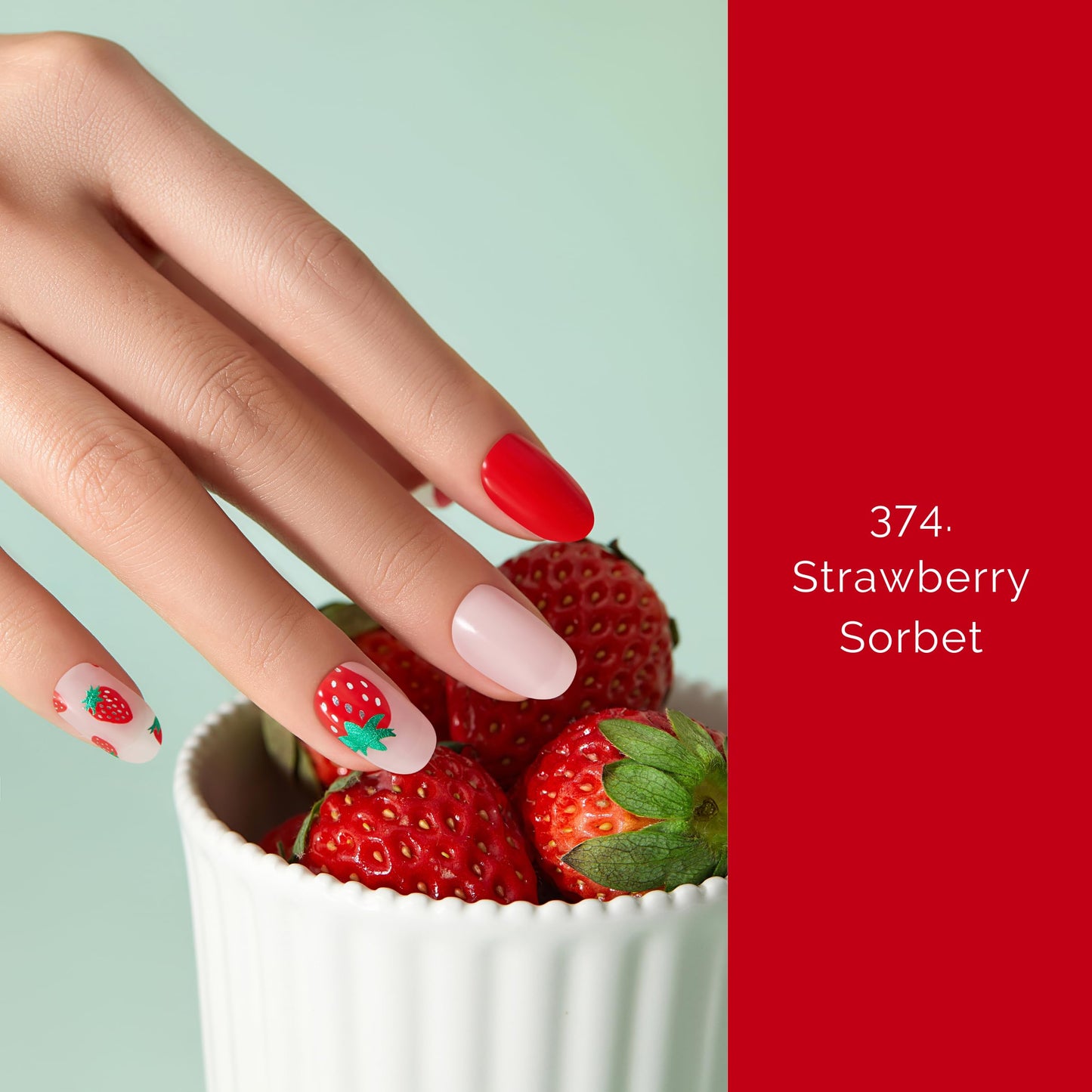 Semi Cured Gel Nail Strips - NAILOG 20 Pcs Red Strawberry Nail Stickers Extra Long Wraps with Glossy Gel Finishing for Spring, Strawberry Sorbet