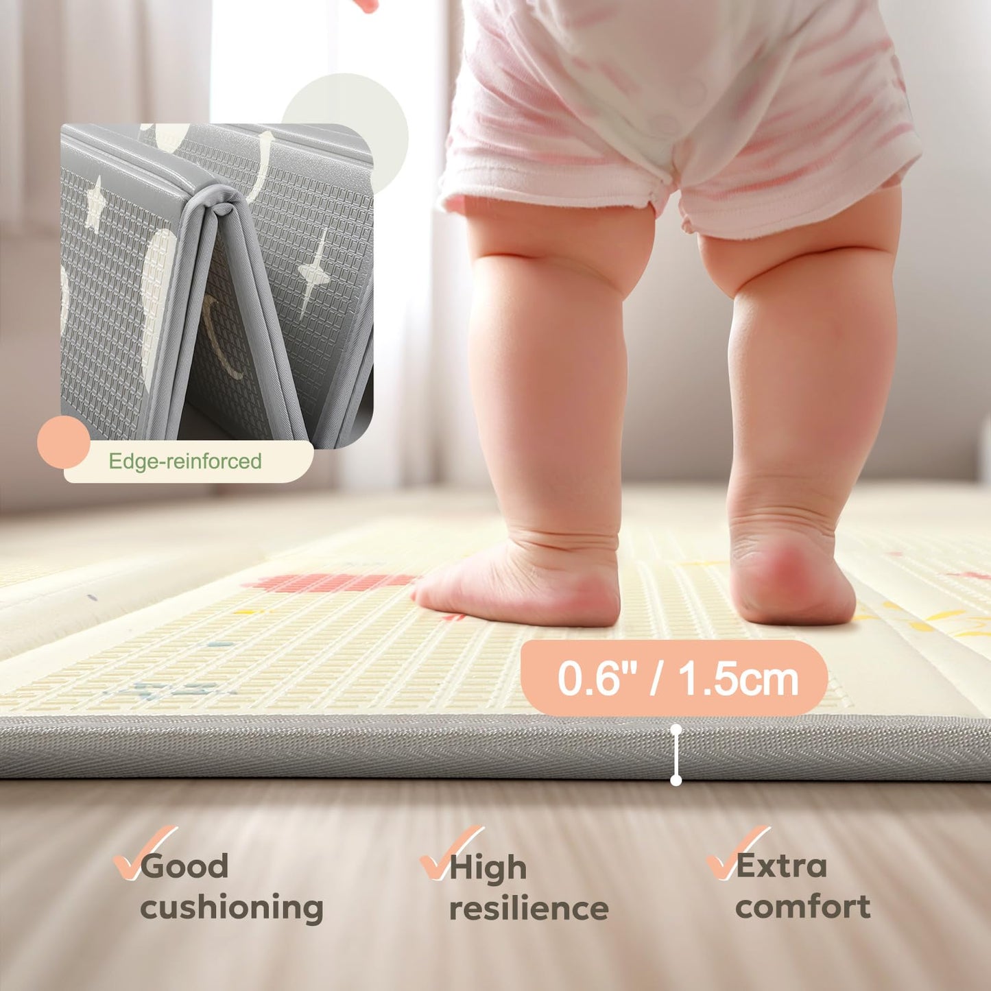 Mallify Extra Large Foldable Play Mat, Reversible Baby Play Mat with Edge Reinforcement, Non-Toxic & Waterproof Baby for Floor, Foam Playmat with Travel Bag, Rainbow, Cloud & Moon, 71"x59"
