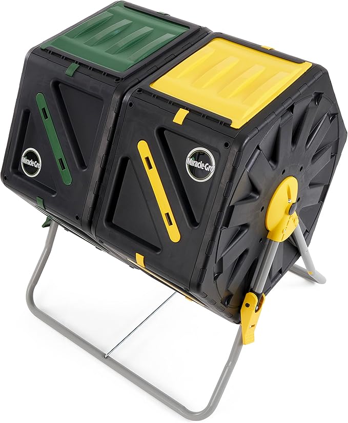 Miracle-Gro Dual Chamber Compost Tumbler – Easy-Turn, Heavy-Duty Outdoor Bin Composter with 2 Sliding Doors (2x18.5 Gal/70L