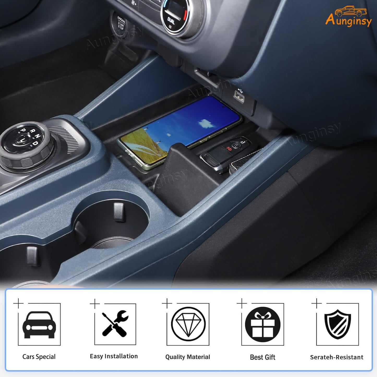 Aunginsy Car Center Console Shifter Storage Tray Compatible with Ford Maverick 2022-2026, Not Fit 2025+ Model with Wireless Charge, Gear Shift Groove Shock Pad Organizer Storage Box Insert Accessories