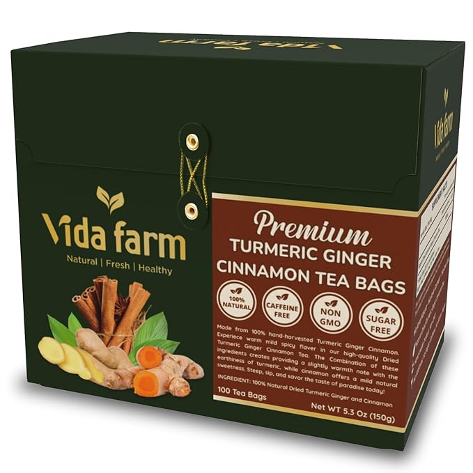 VIDA FARM 100 Turmeric Ginger Cinnamon Tea Bags, Golden Spice Special Blend, 100% Pure and Natural Dried Turmeric Ginger Cinnamon Mix, Non-GMO, No Sugar, No Caffeine, Gluten-Free, Vegan
