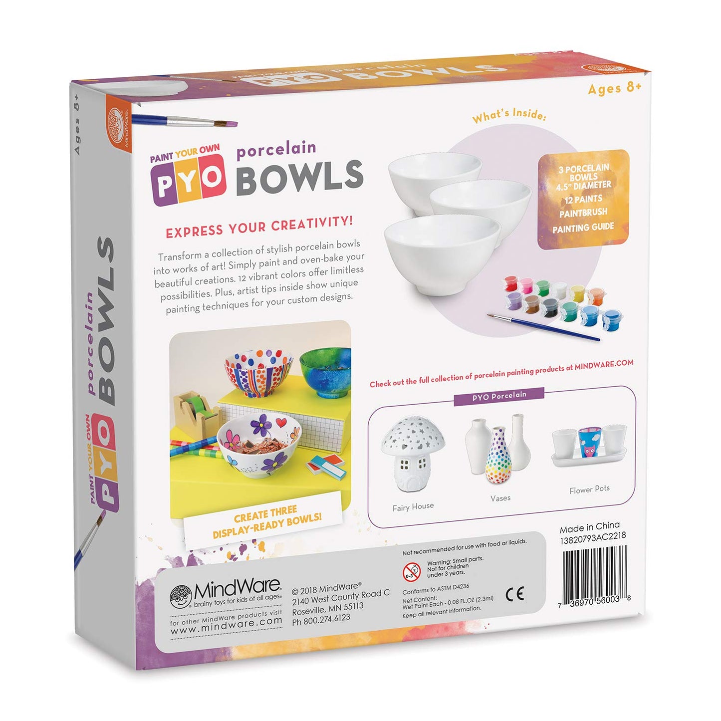 MindWare Paint Your Own Porcelain Bowls for Kids - DIY Craft Kit Makes 3 Bowls, Includes Paint and Brush
